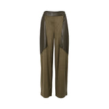 JIJIL two-tone olive trousers with suede-effect front panels and smooth leather-look side detailing.