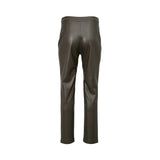 JIJIL olive green women’s faux-leather trousers with a slim tailored fit and smooth finish, photographed on a white background.