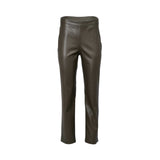 JIJIL olive green women’s faux-leather trousers with a slim tailored fit and smooth finish, photographed on a white background.