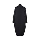 JIJIL black long coat with a structured silhouette, high neckline, and clean minimalist design on a white background.