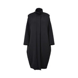 JIJIL black long coat with a structured silhouette, high neckline, and clean minimalist design on a white background.
