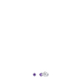 A pair of small silver-toned stud earrings, each with a round, faceted purple zircon stone in a four-prong setting. One earri