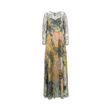Long-sleeved maxi dress, embellished with silver-toned beads and sequins. Features a multi-color abstract pattern.