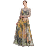 Full-length silver-toned embellished mesh dress with long sleeves and a multi-coloured abstract pattern lining.