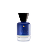 J.U.S Eau de Parfum in a deep blue glass bottle with black cap and minimalist branding – Order Online Today