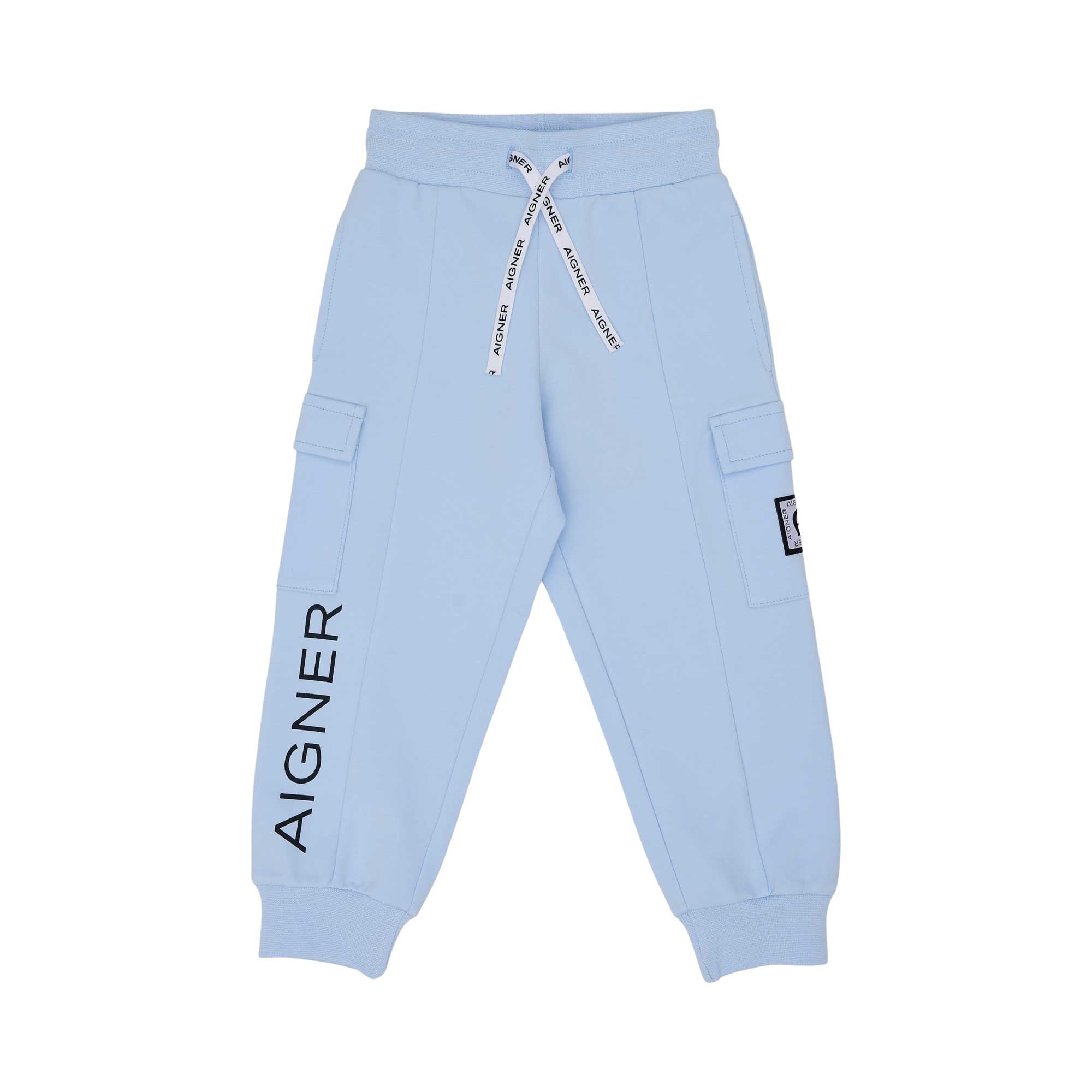 Joggers front view of the Aigner Kids boys blue logo tape  jogging suit. Shop the Collection Online.