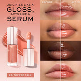 Lancome Lip Idole Juicytreat lip gloss in a clear rectangular bottle with a faceted metallic cap and a doe-foot applicator, s