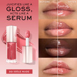 Lancome Lip Idole Juicytreat lip gloss serum in a clear rectangular bottle with a rose gold-toned faceted cap and a pink appl