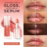 Lancome Lip Idole Juicytreat lip gloss serum in a clear rectangular bottle with a rose gold-toned faceted cap and a peach-ton
