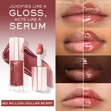 Lancome Lip Idole Juicytreat lip gloss and serum in clear bottle with rose gold-toned cap and berry liquid.