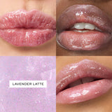 Lancome Juicy Tubes lip gloss in lavender shade with fine shimmer, applied to lips and shown as a swatch.