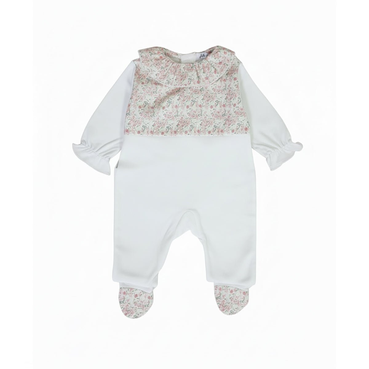 Front view of a Jules & Juliette Paris white babygrow for infants, featuring a pink floral print chest panel, a ruffled collar, and floral-patterned feet.