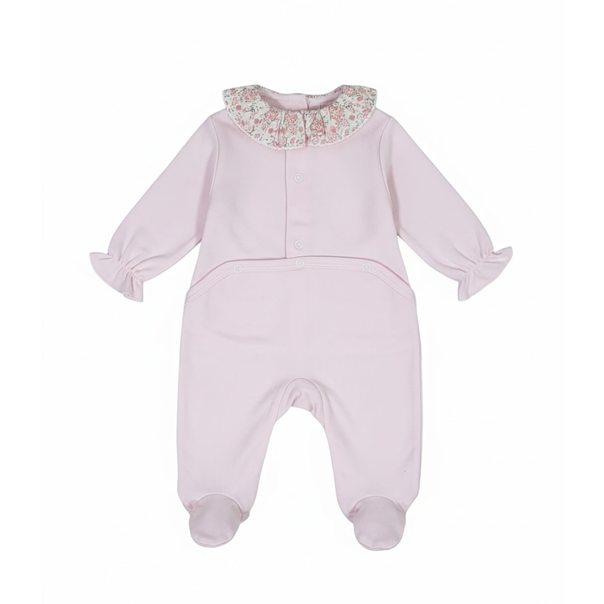 Back view of the Jules & Juliette Paris pink babygrow showing the snap-button fasteners along the back and the seat area for easy diaper changes