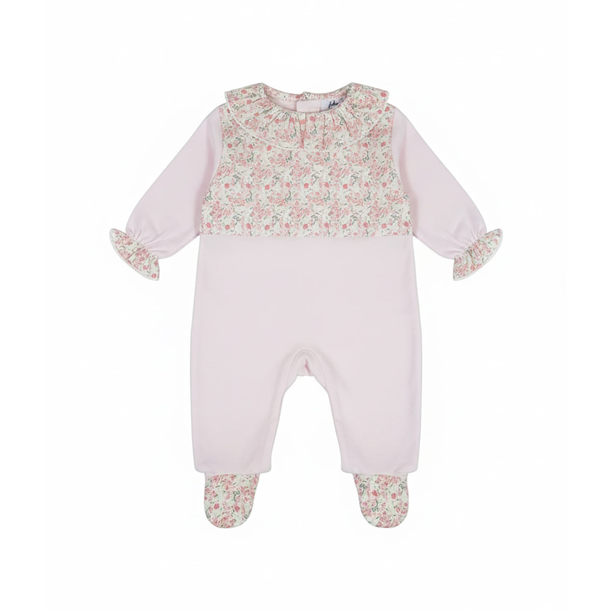 Front view of a Jules & Juliette Paris pink babygrow for infants, featuring a pink floral print chest panel, a ruffled collar, and floral-patterned feet.