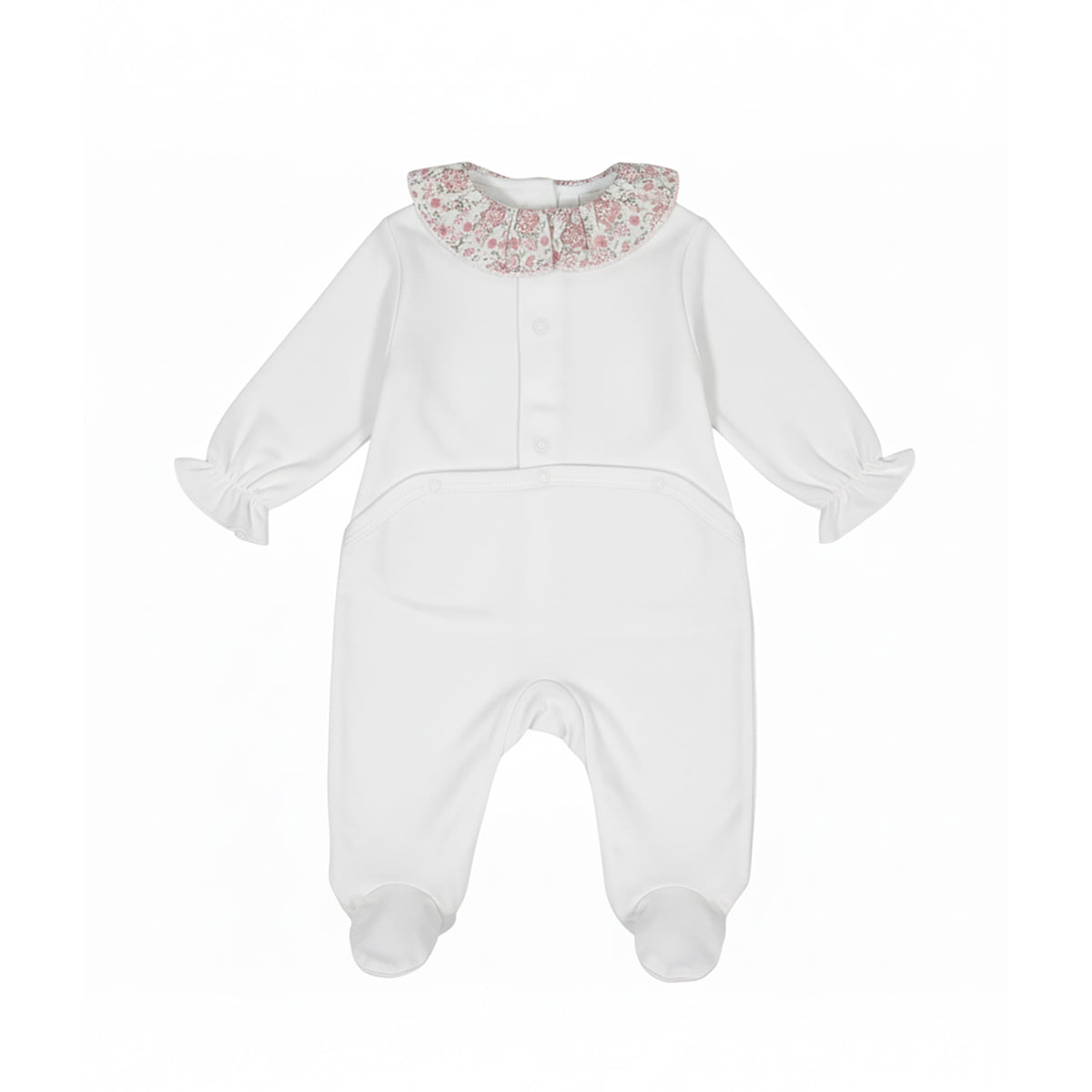 Back view of the Jules & Juliette Paris white babygrow showing the snap-button fasteners along the back and the seat area for easy diaper changes.