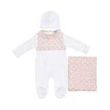 Front view of the Jules & Juliette Paris baby set featuring a white footed sleepsuit with floral chest detail, a white hat, and a folded floral blanket.
