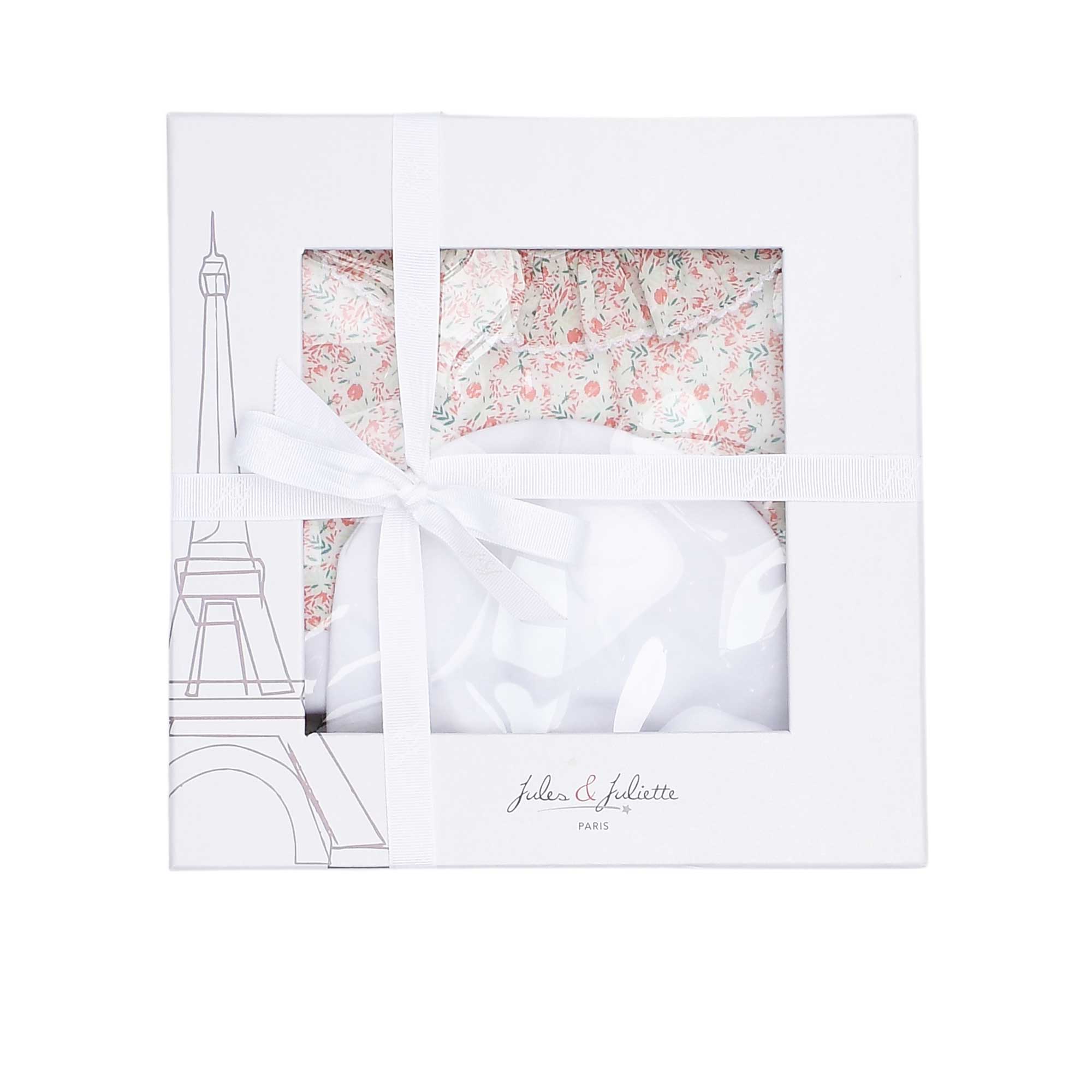 A full view of the square swaddle blanket from Jules & Juliette Paris, featuring an all-over pink and green floral pattern on a white background.