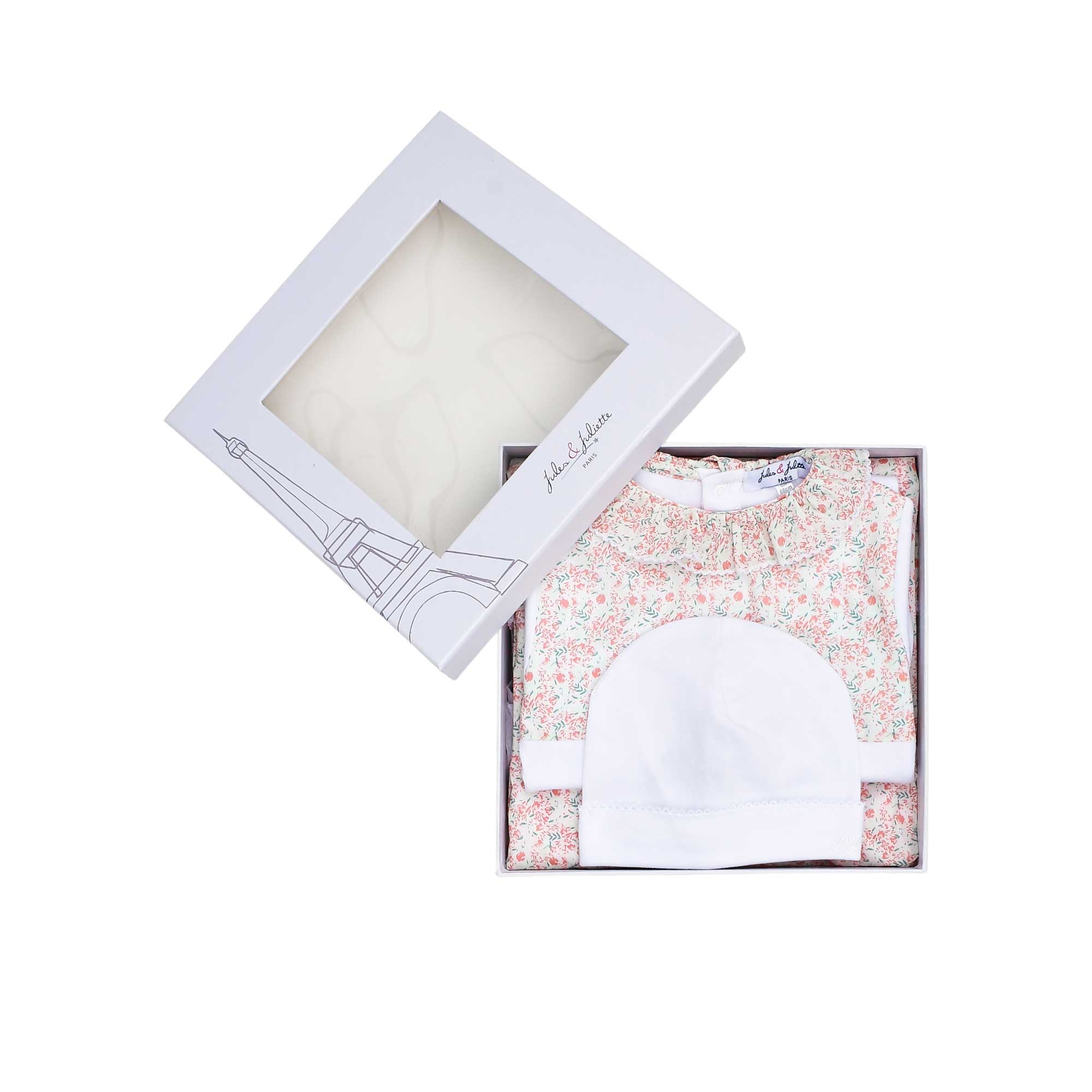 A full view of the square swaddle blanket from Jules & Juliette Paris, featuring an all-over pink and green floral pattern on a white background.