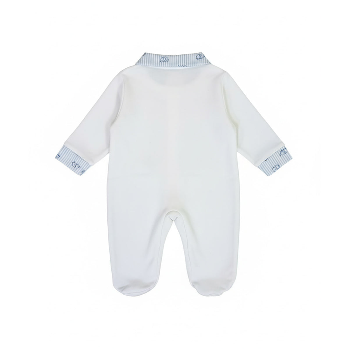 Back view of a Jules & Juliette Paris baby footed romper. The front shows a white long-sleeve onesie with a blue striped collar, two striped front pockets, and embroidered elephant details. The back view features a clean white design with the striped collar visible.