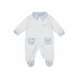Front  view of a Jules & Juliette Paris baby footed romper. The front shows a white long-sleeve onesie with a blue striped collar, two striped front pockets, and embroidered elephant details. The back view features a clean white design with the striped collar visible.