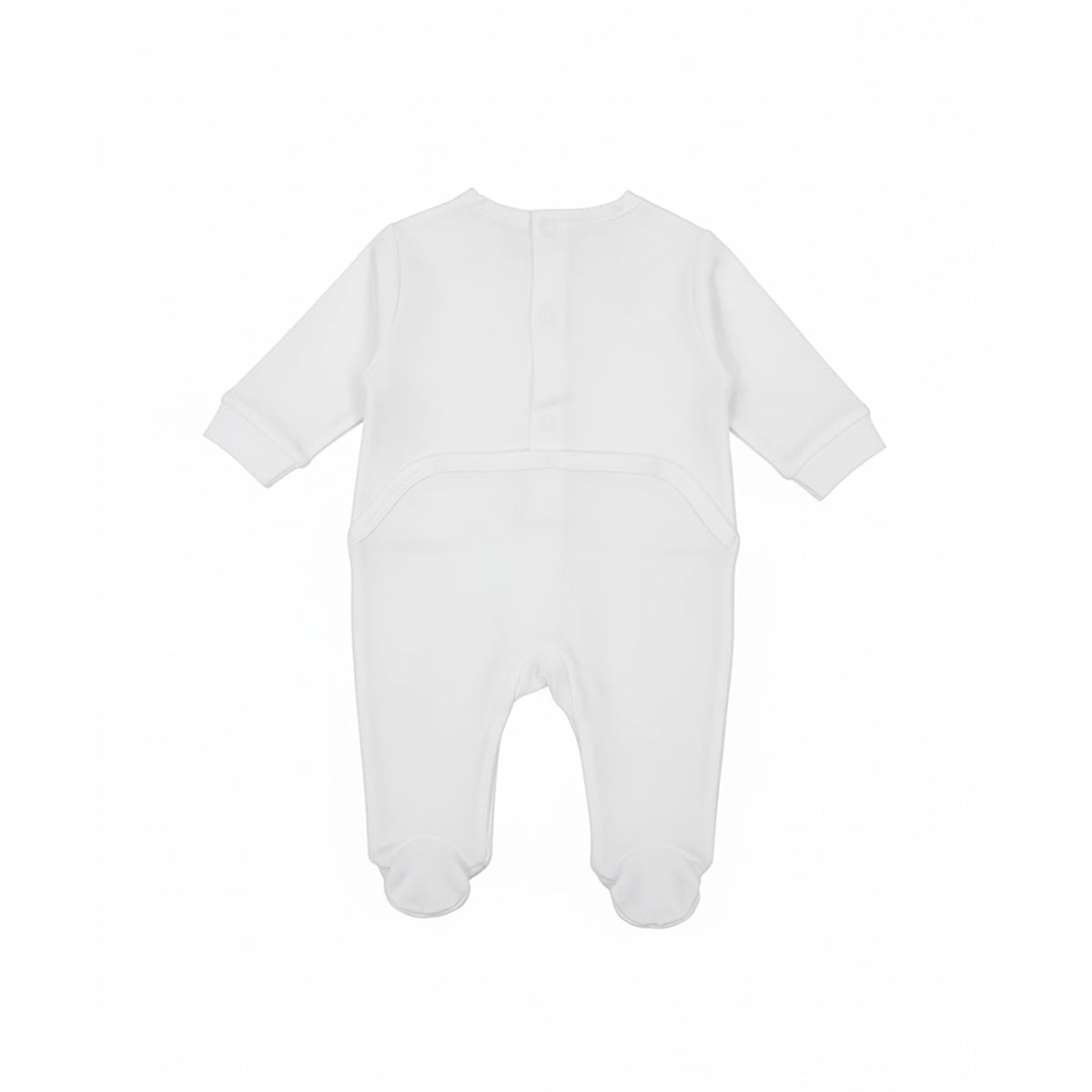 Back view of a Jules & Juliette Paris baby footed romper. The front features a grey Toile de Jouy printed chest panel and matching feet on a white long-sleeve onesie. The back view shows a clean white design with a snap-button closure system along the spine and waist.