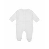 Back view of a Jules & Juliette Paris baby footed romper. The front features a grey Toile de Jouy printed chest panel and matching feet on a white long-sleeve onesie. The back view shows a clean white design with a snap-button closure system along the spine and waist.