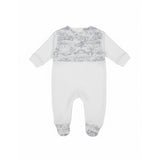 Front  view of a Jules & Juliette Paris baby footed romper. The front features a grey Toile de Jouy printed chest panel and matching feet on a white long-sleeve onesie. The back view shows a clean white design with a snap-button closure system along the spine and waist.