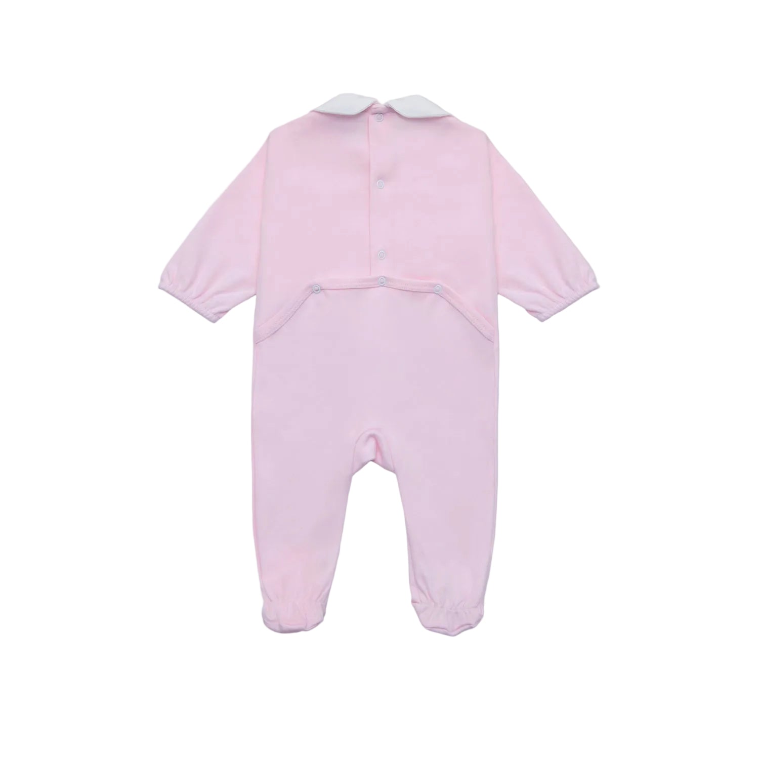 Back view of the Jules & Juliette Paris pink babygrow showing the snap-button closures and the drop-seat design for easy dressing.