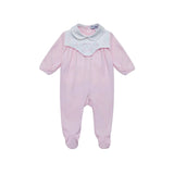 Front view of a Jules & Juliette Paris light pink babygrow featuring a white embroidered heart panel on the chest and a classic Peter Pan collar.