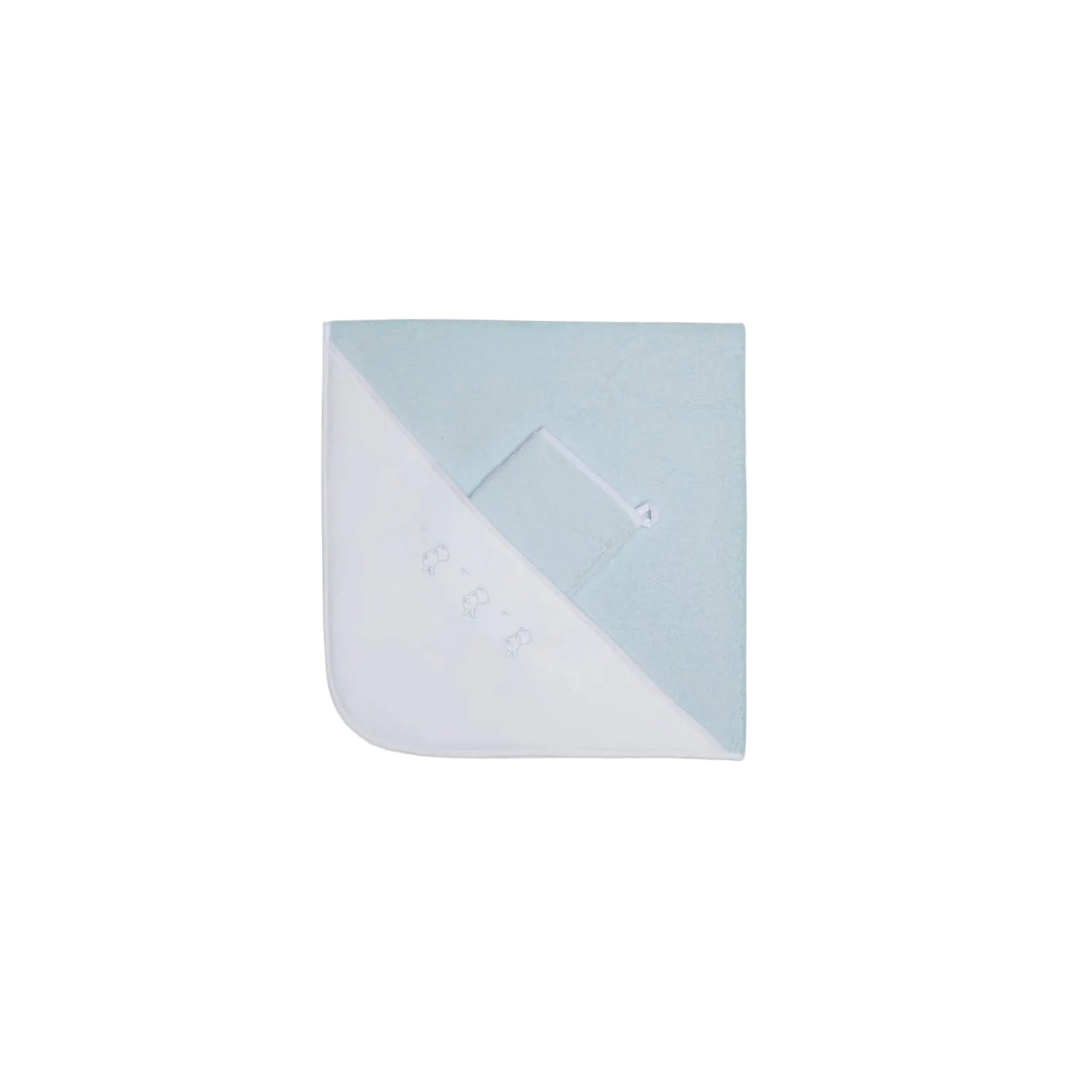 A blue hooded baby towel by Jules & Juliette Paris, folded to show the white hood featuring a small embroidered heart and floral design.