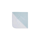 A blue hooded baby towel by Jules & Juliette Paris, folded to show the white hood featuring a small embroidered heart and floral design.