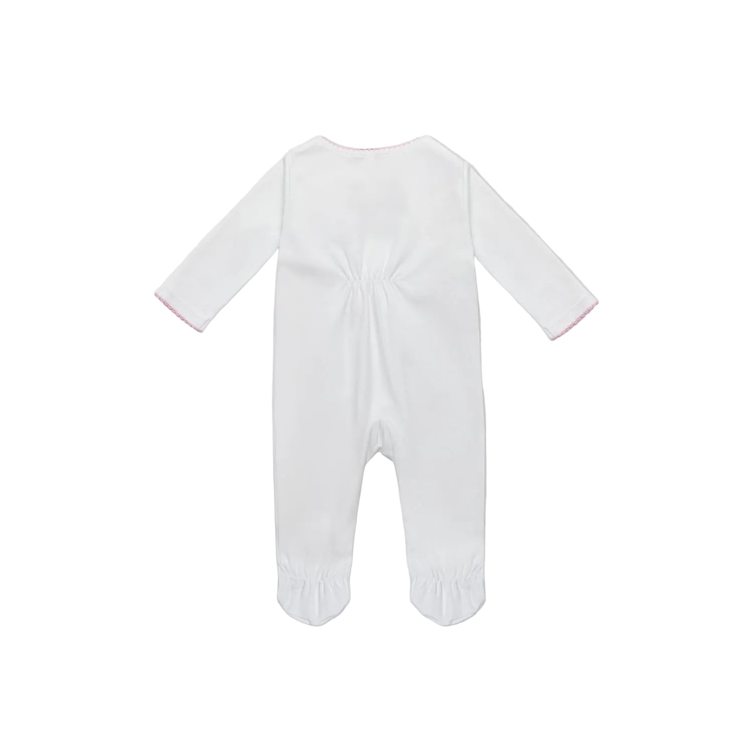 Back view of the Jules & Juliette Paris white cotton babygrow showing a clean, seamless design with integrated feet and subtle elasticated gathering at the ankles.