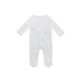 Back view of the Jules & Juliette Paris white cotton babygrow showing a clean, seamless design with integrated feet and subtle elasticated gathering at the ankles.