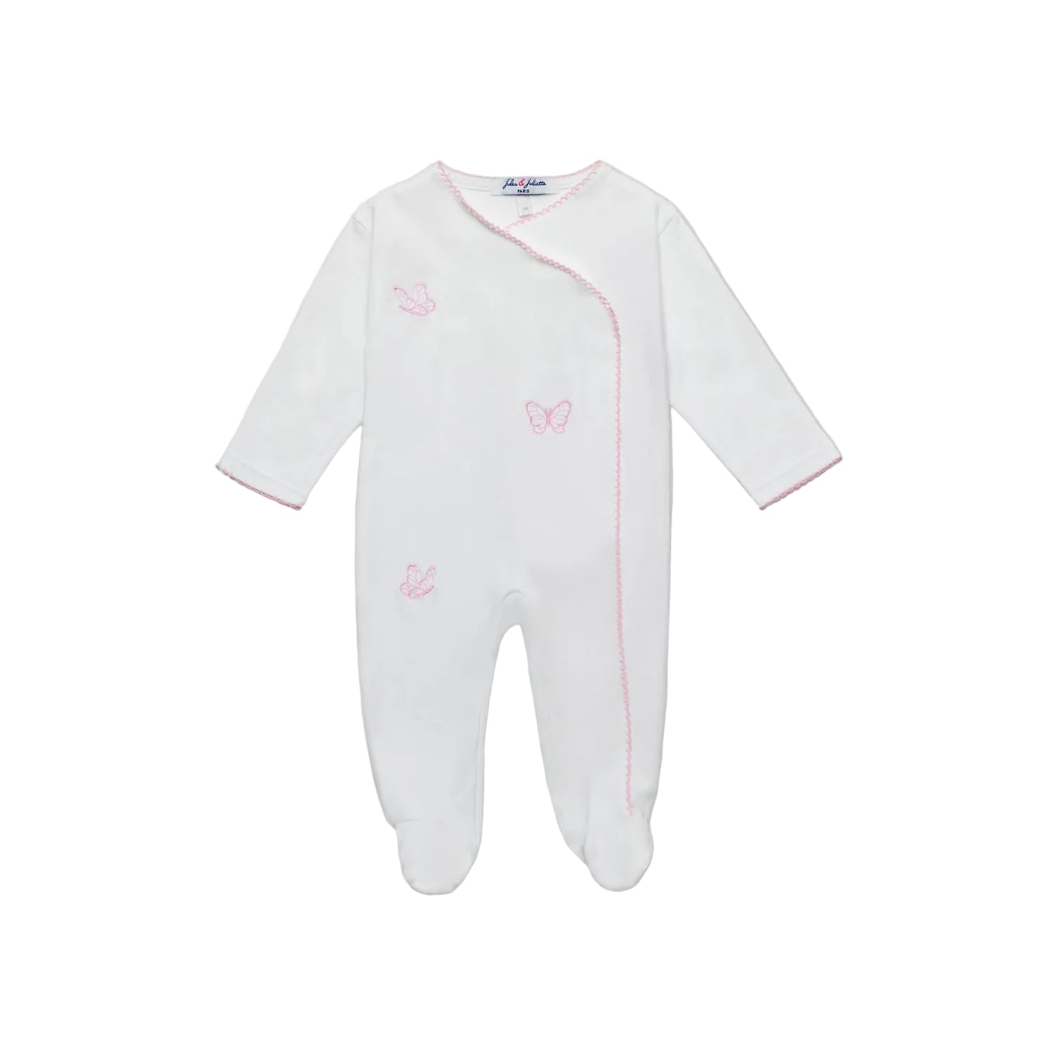Front view of a white Jules & Juliette Paris babygrow featuring pink scalloped trim and three embroidered pink butterflies.