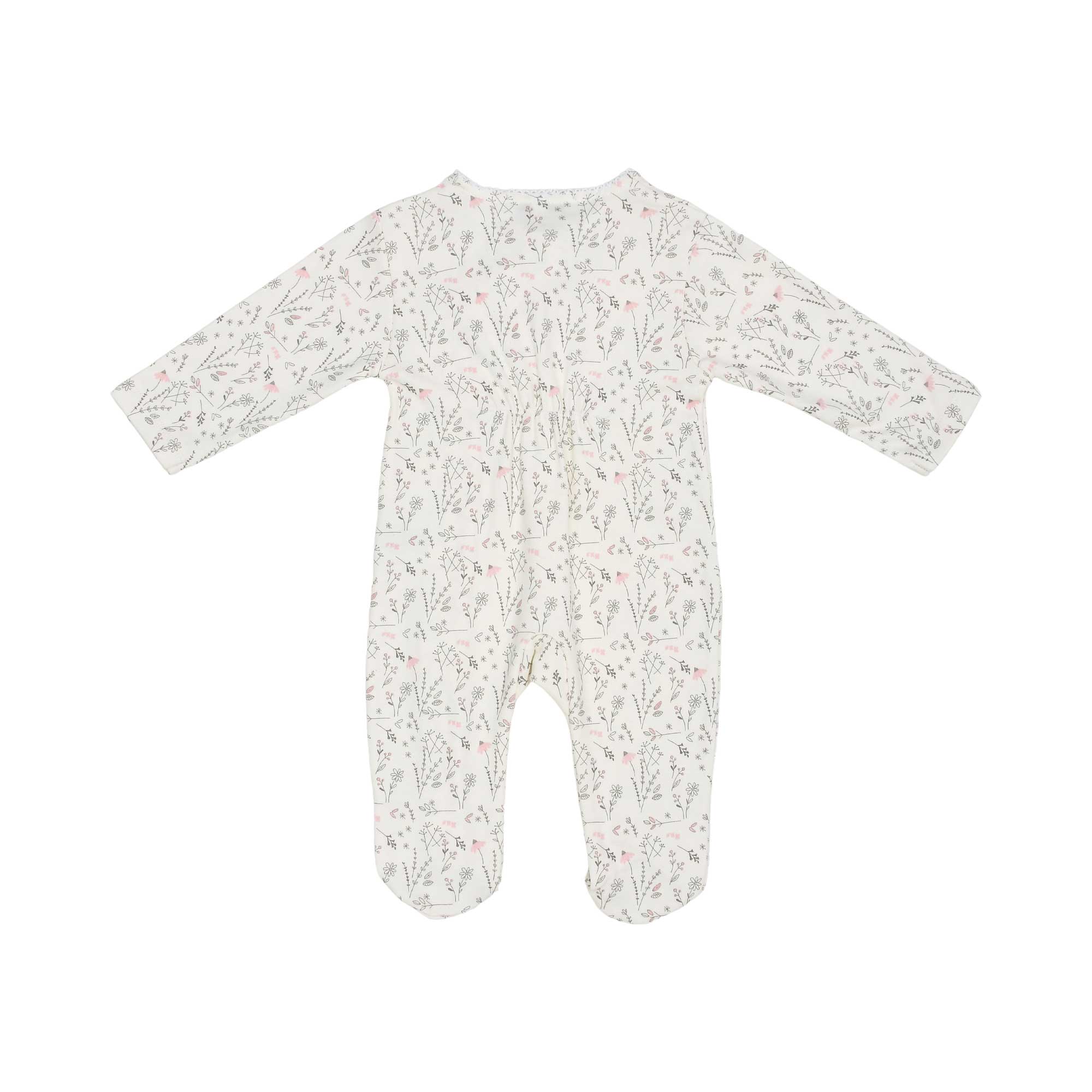 Back view of the Jules & Juliette Paris floral print sleepsuit showing the continuous botanical pattern and integrated footie design.