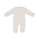Front view of a Jules & Juliette Paris baby sleepsuit in cream with a pink botanical print and an asymmetrical wrap-front closure.