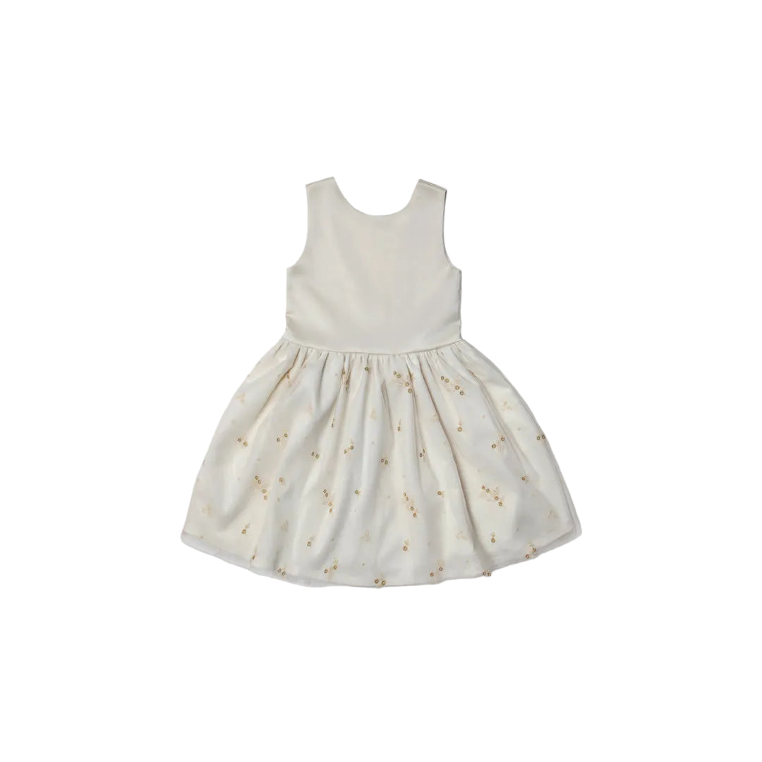 A girls' sleeveless ivory party dress by Jules & Juliette Paris featuring a satin bodice and a voluminous tulle skirt with gold floral embroidery and sequins.