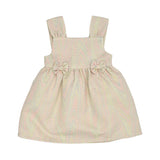 Front view of an Aigner Kids girls' sleeveless dress in a pastel yellow, pink, and green textured fabric with two bows at the waist.