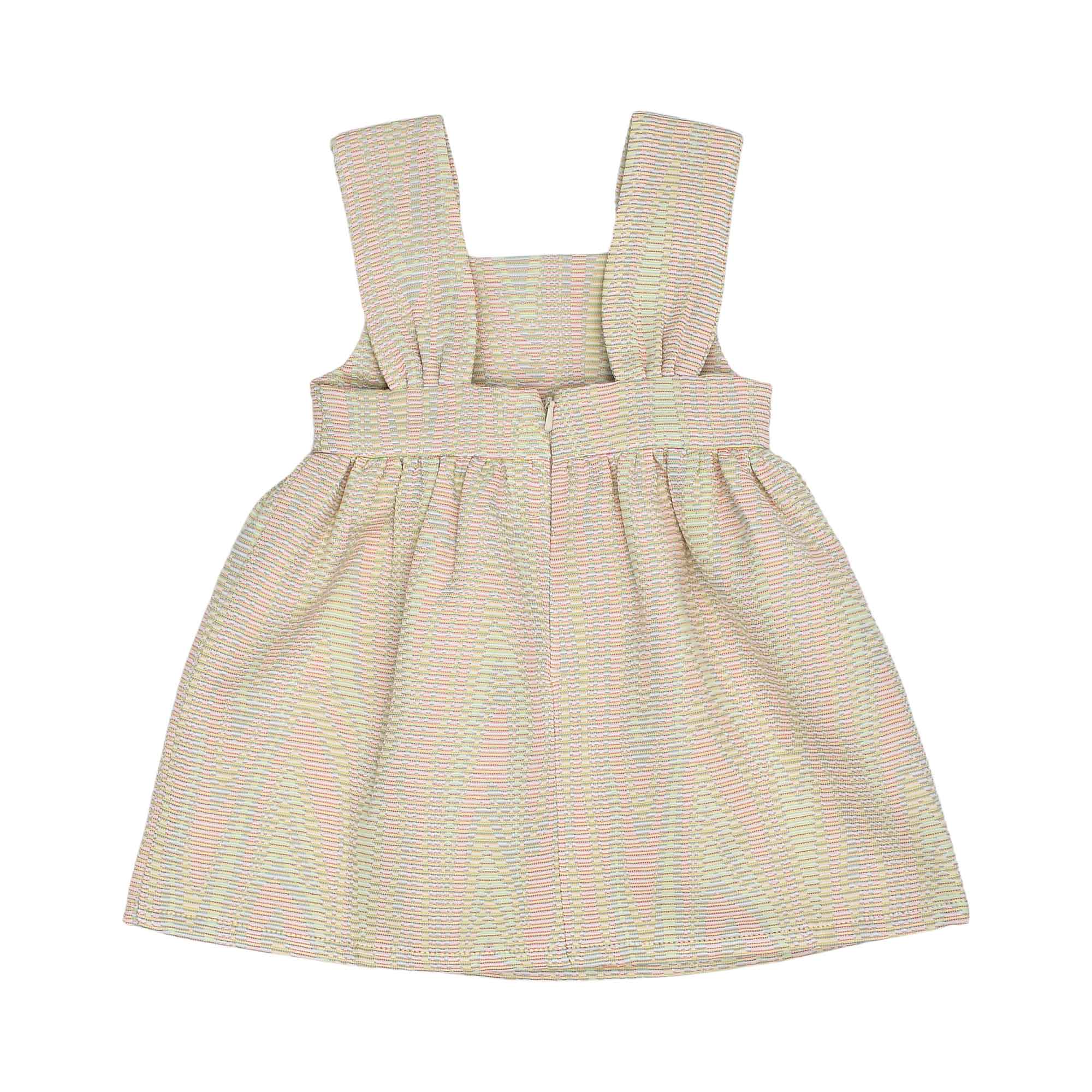 Back view of the Aigner Kids pastel textured dress showing the gathered waistline and the concealed vertical zip closure.