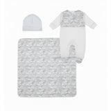 A three-piece luxury baby clothing set by Jules & Juliette Paris featuring a white and grey Toile de Jouy pattern. The set includes a long-sleeve footed romper, a matching white beanie hat, and a square patterned baby blanket laid out on a white background.