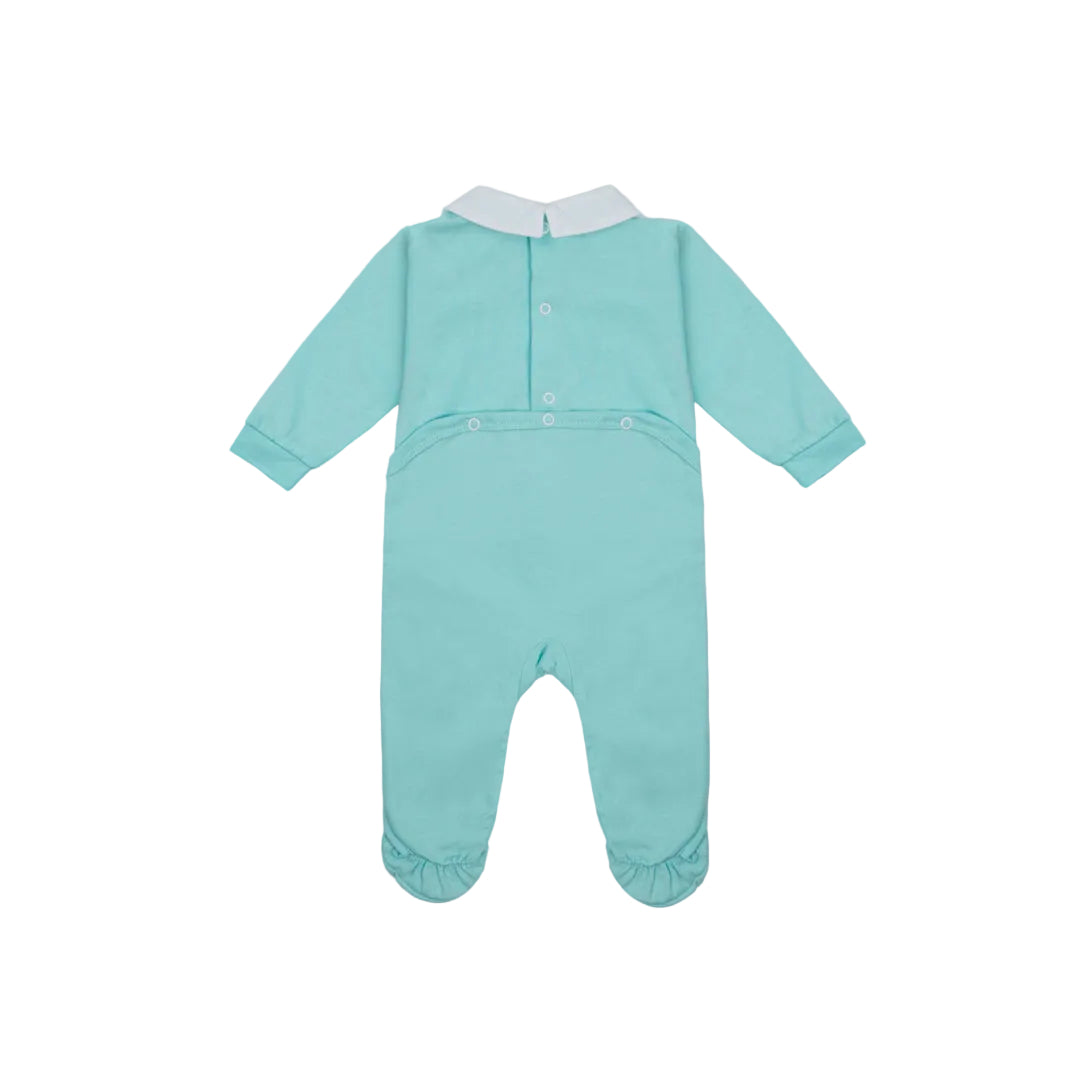 Back view of the navy Jules & Juliette Paris babygrow showing the vertical snap-button fasteners and drop-seat design.