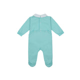 Back view of the navy Jules & Juliette Paris babygrow showing the vertical snap-button fasteners and drop-seat design.
