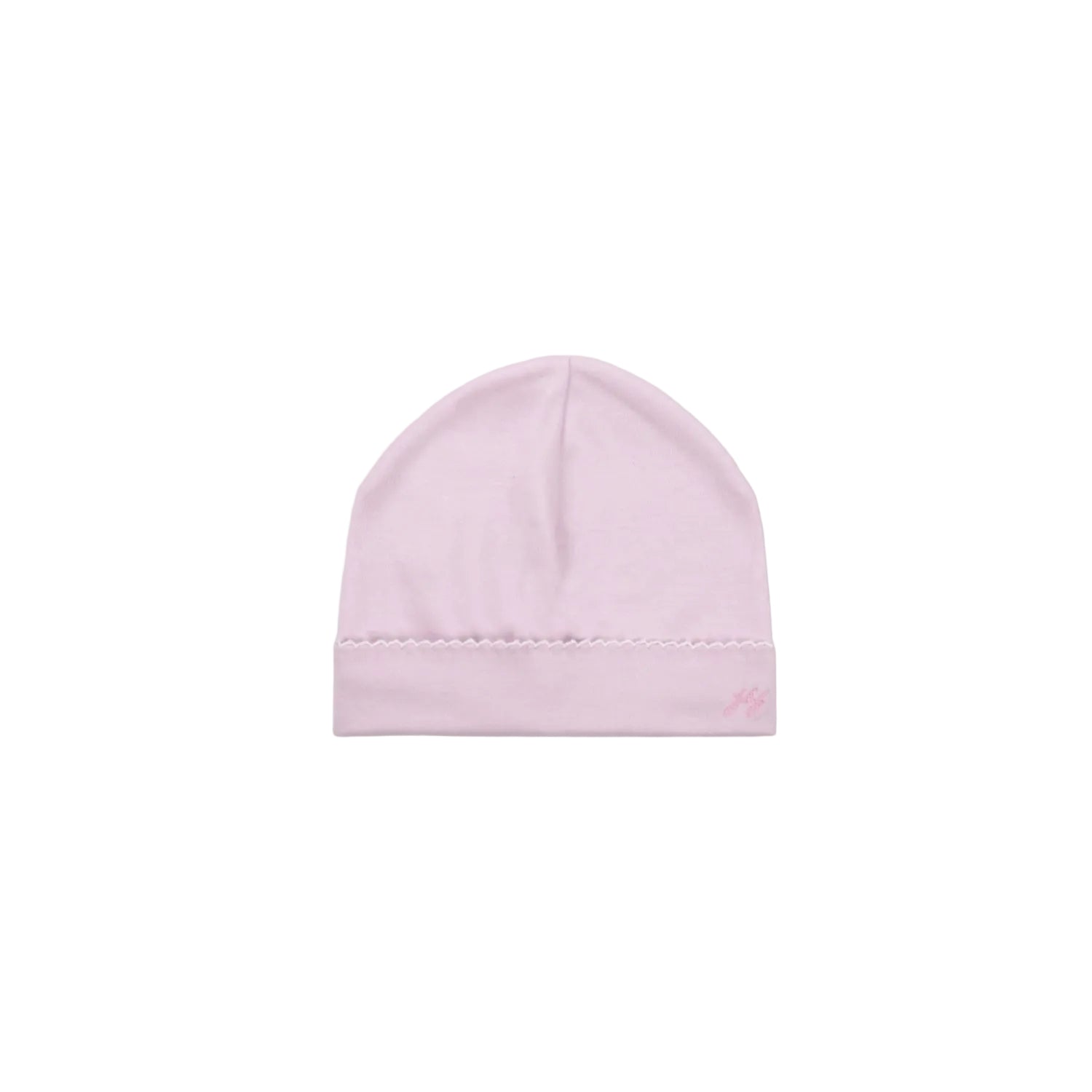 A soft, light pink baby beanie hat with a delicate white picot-trimmed hem and a subtle embroidered logo on the front corner.