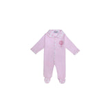 A light pink long-sleeve baby footie by Jules & Juliette Paris. Features a white Peter Pan collar with a pink cloud print, a hot air balloon embroidery on the left chest, and a full-length snap-button closure down the front.