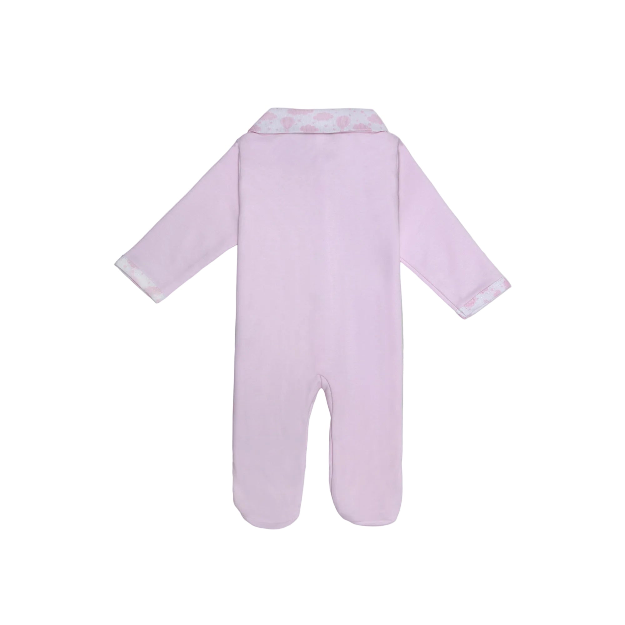 Back view of the Jules & Juliette Paris light pink babygrow showing the printed collar and soft cotton fabric.