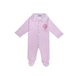 Front view of a Jules & Juliette Paris pink long-sleeved babygrow for infants, featuring a hot air balloon embroidery and a printed Peter Pan collar.