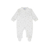 Front view of a Jules & Juliette Paris white babygrow for infants, featuring a pointed collar and delicate textured pointelle trim along the front button placket.