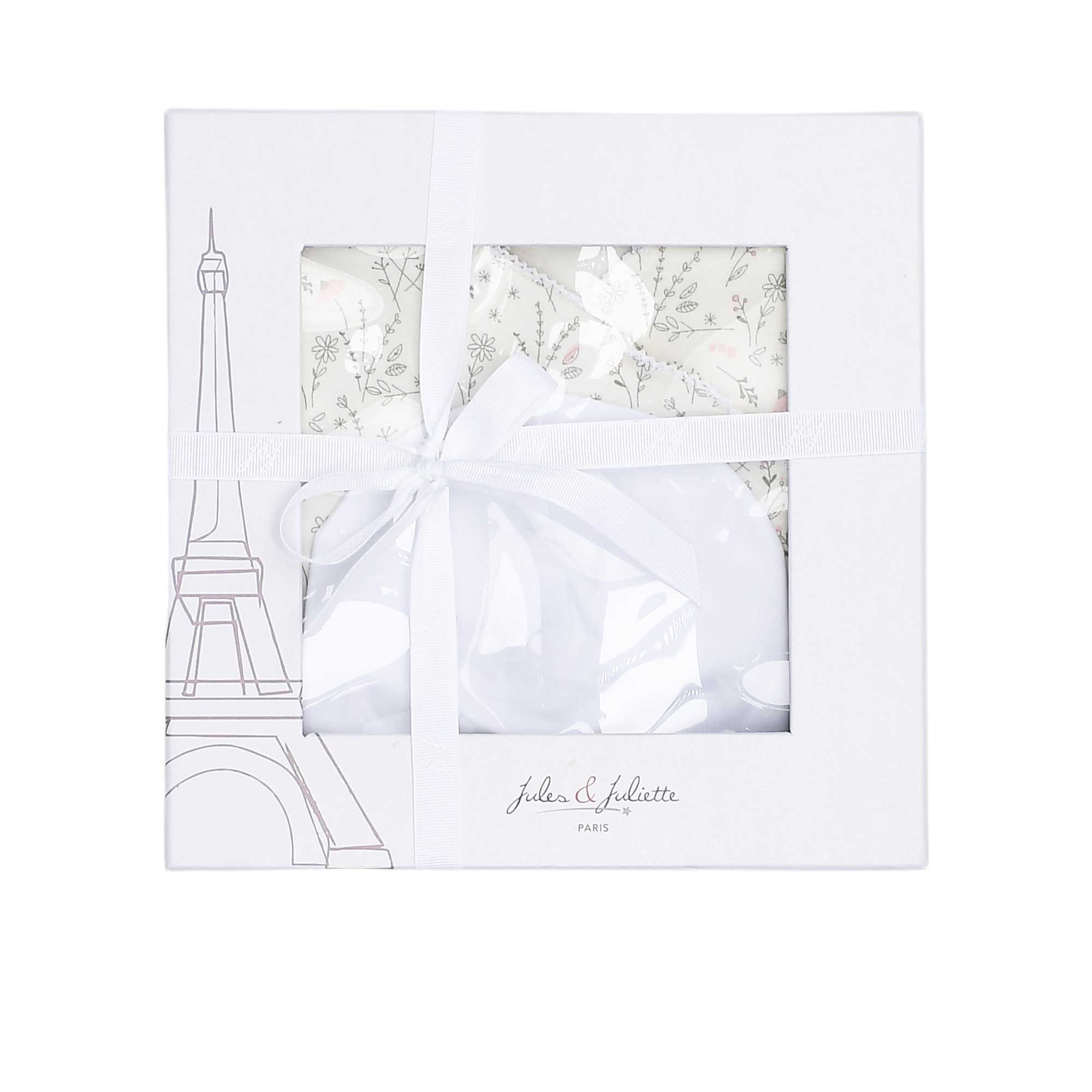Signature white Jules & Juliette Paris gift box with a window showing the wildflower set inside, finished with a ribbon and Eiffel Tower graphic.