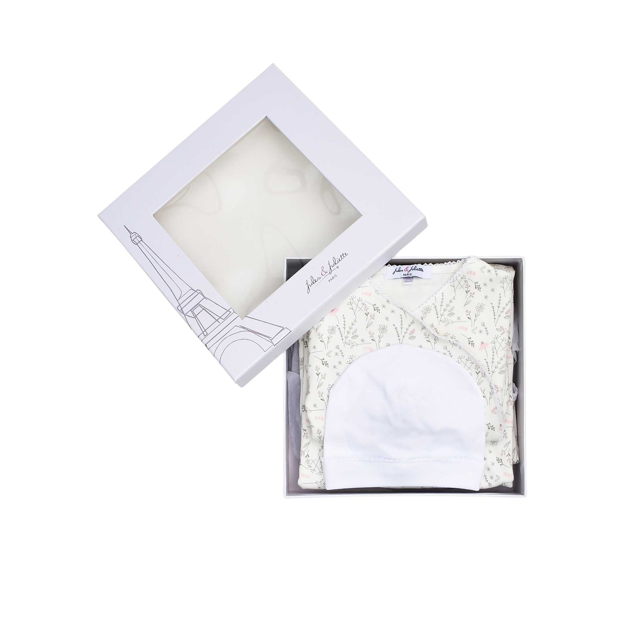 Signature white Jules & Juliette Paris gift box with a window showing the wildflower set inside, finished with a ribbon and Eiffel Tower graphic.