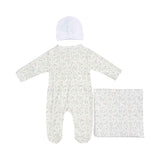 Back view of the botanical print baby sleepsuit, showing the seamless design alongside the white hat and folded wildflower blanket.